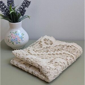 Vintage Handmade Crochet Lace Table Runner 12x31 Floral Filet Lace Cotton
